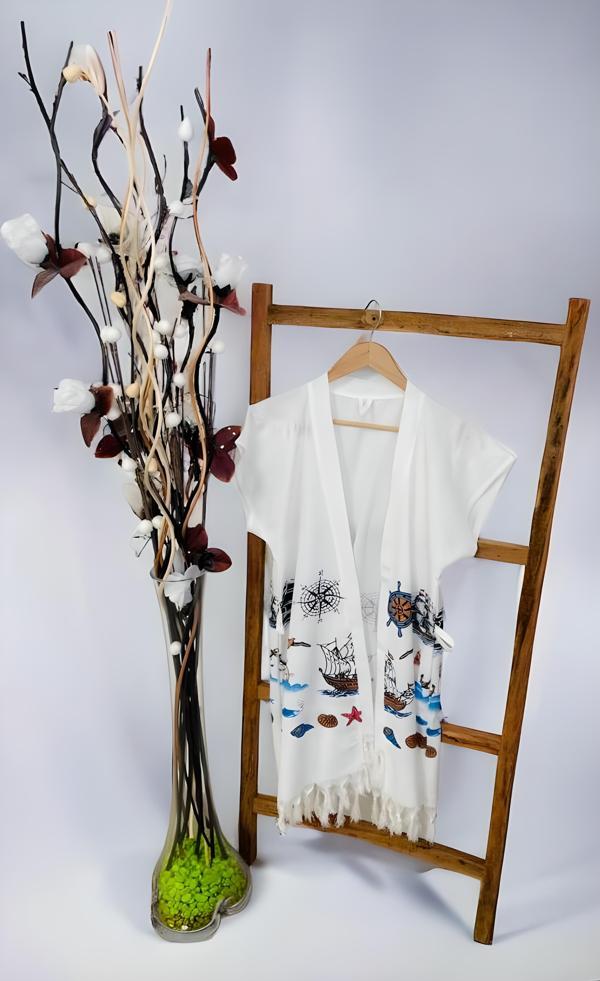 Beachwear,Pamuk Viskon Denizci Desen, Baskılı, Kuşaklı, Kısa Kimono, Peştemal Bornoz - Image 1