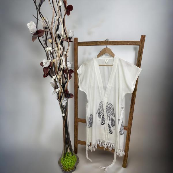 Düş Kapanı Desen, Beachwear, Kuşaklı Kısa Bambu Kimono, Peştemal, Bornoz, Plaj Kıyafeti - Image 1