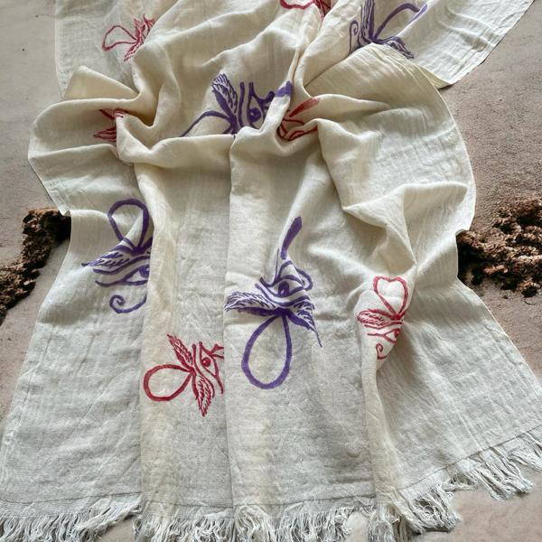 Fildastore, %100 Organik Pamuk, Naturel,4 Kat Müslin, El Baskısı, Peştemal, Plaj Havlusu, Pareo - Image 1
