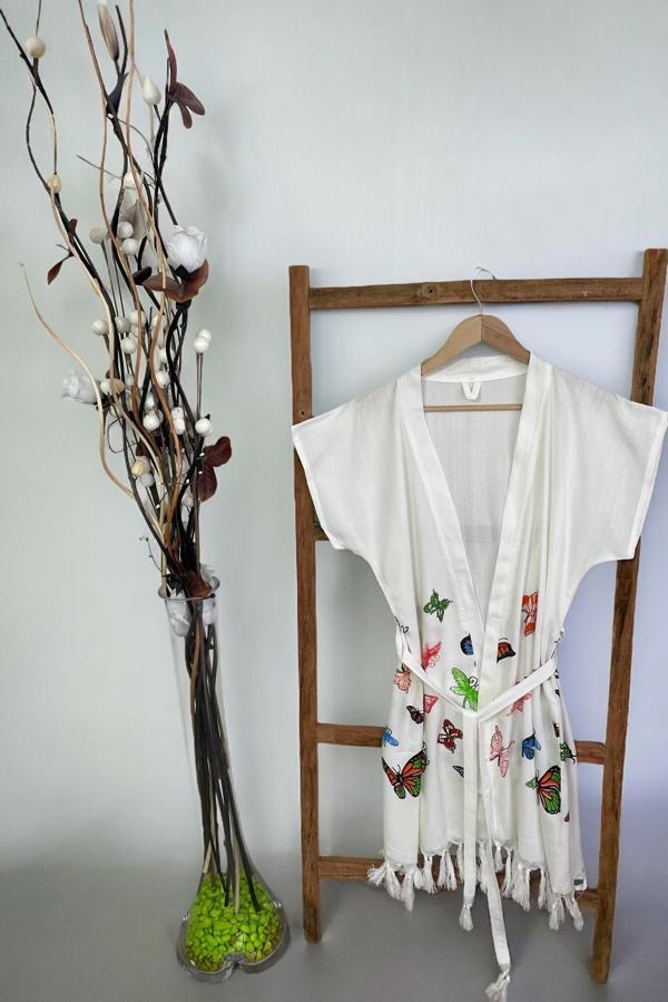 Kelebek Desen,Beachwear, Kuşaklı Kısa Bambu Kimono, Peştemal Bornoz, Plaj Kıyafeti - Image 1
