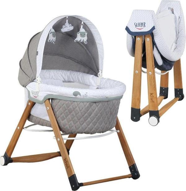 Kiwi Sleeper All İn One Naturel Ahşap Sallanabilen Tekerli Bebek Beşiği Yaprak Desenli Vizon - Image 1