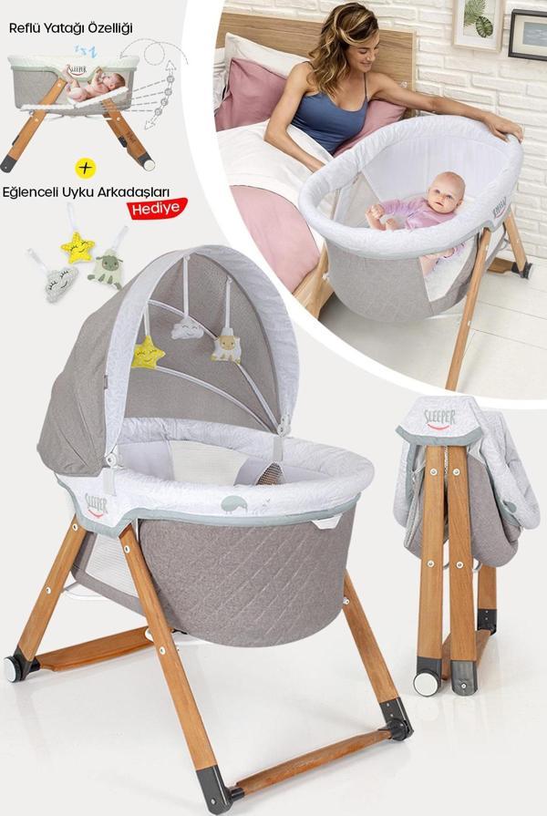 Kiwi Sleeper Anne Yanı Reflü Ayarlı Park Yatak Tekerli Katlanır Ahşap Beşik- Vizon - Image 1