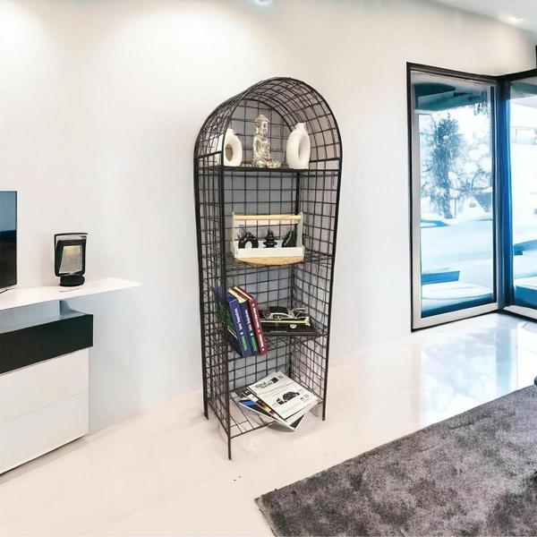 Modern Dekoratif Tel Metal Kitaplık & Çiçeklik Raf - Siyah - Image 1