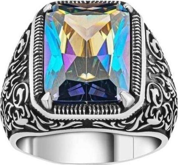 Kalem İşlemeli MİstikTopaz taşlı Gümüş Yüzük 240052033G18Y - Image 1