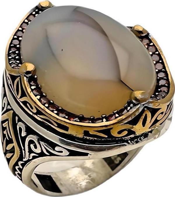 Damarlı Akik ve Zirkon Taşlı Gümüş Yüzük 240053180G19Y - Image 1