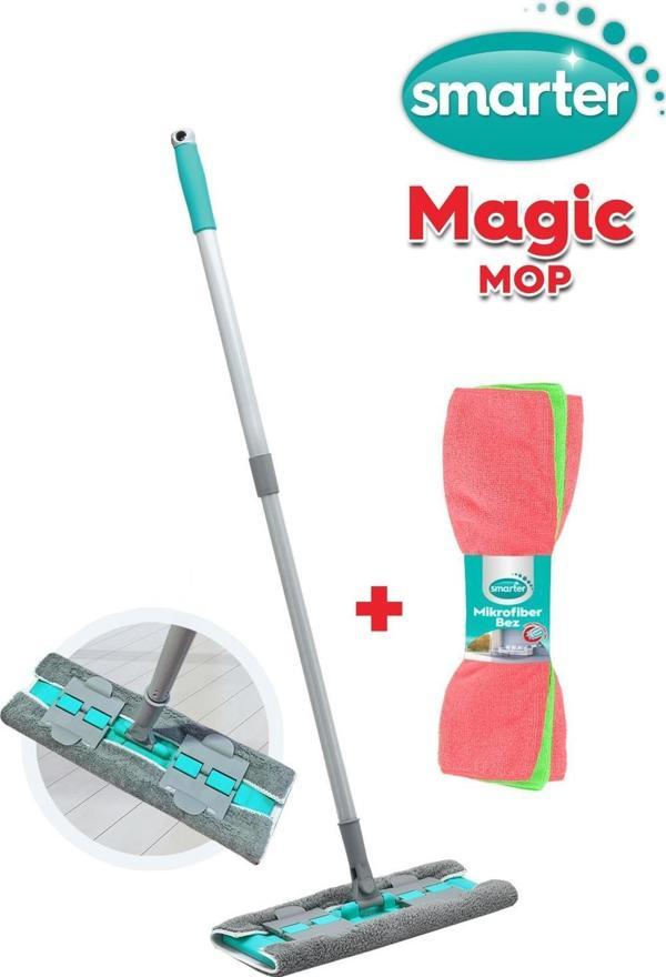 SMARTER MAGIC MOP + MİKROFİBER 3'LÜ TEMİZLİK BEZİ PASPAS TEMİZLİK SETİ MANDALLI - Image 1