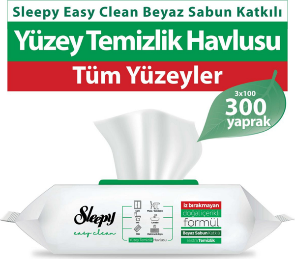 Sleepy Easy Clean Beyaz Sabun Katkılı Yüzey Temizlik Havlusu 3x100 (300 Yaprak) - Image 1