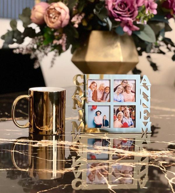 Canım Annem 4 Fotoğraf Standlı Mdf Gold Çerçeve Ve Gold Kupa Set - Image 1