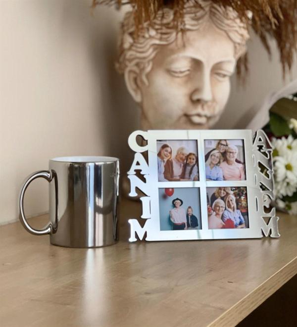 Canım Annem 4 Fotoğraf Standlı Mdf Gümüş Çerçeve Ve Gümüş Kupa Set - Image 1