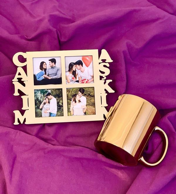 Canım Aşkım 4 Fotoğraf Standlı Mdf Gold Çerçeve Ve Gold Kupa Set - Image 1
