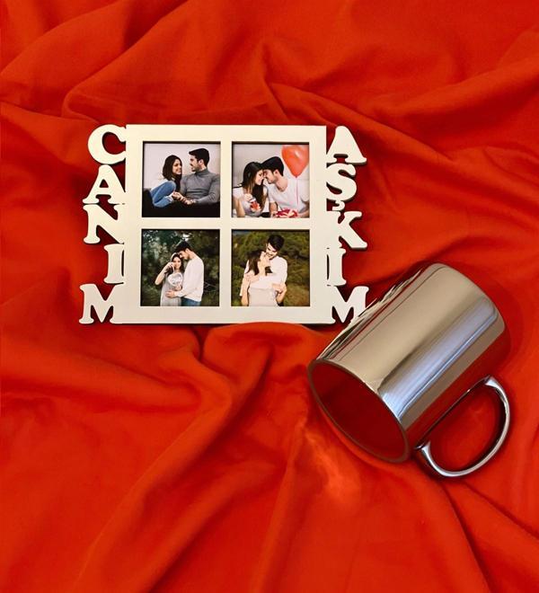 Canım Aşkım 4 Fotoğraf Standlı Mdf Gümüş Çerçeve Ve Gümüş Kupa Set - Image 1
