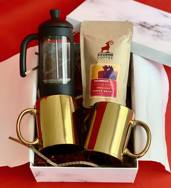 Çift Gold Kupa French Press & Filtre Kahve Sevgiliye Hediye Seti - Image 1