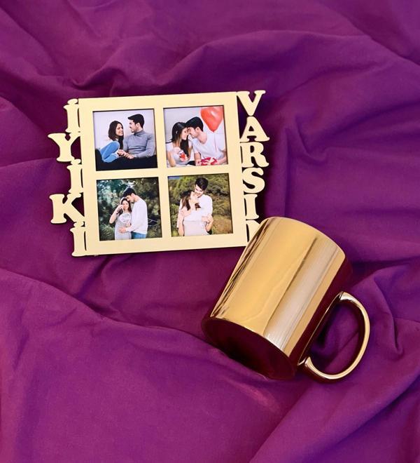 İyiki Varsın 4 Fotoğraf Standlı Mdf Gold Çerçeve Ve Gold Kupa Set - Image 1