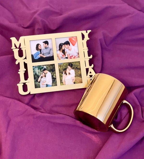 Mutlu Yıllar 4 Fotoğraf Standlı Mdf Gold Çerçeve Ve Gold Kupa Set - Image 1