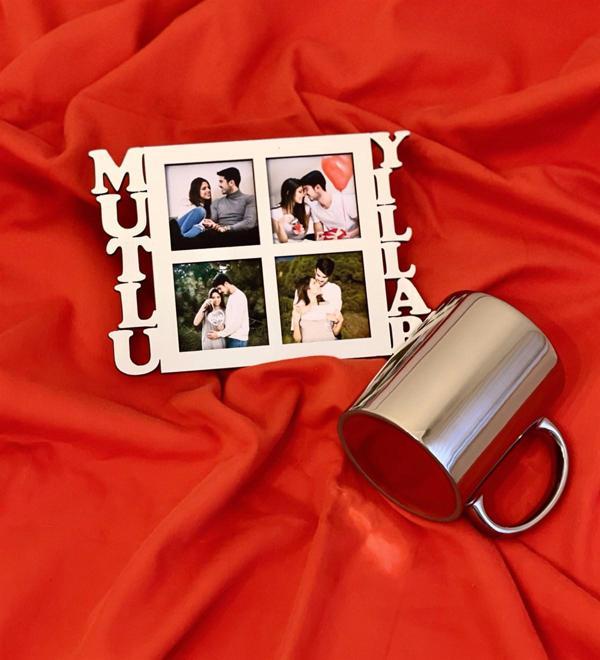 Mutlu Yıllar 4 Fotoğraf Standlı Mdf Gümüş Çerçeve Ve Gümüş Kupa Set - Image 1