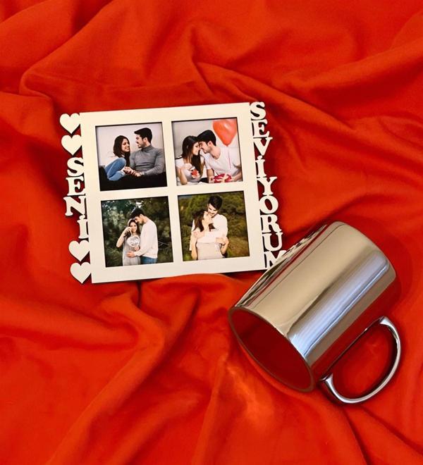 Seni Seviyorum 4 Fotoğraf Standlı Mdf Gümüş Çerçeve Ve Gümüş Kupa Set - Image 1