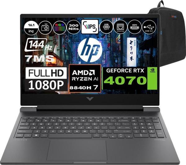 Hp Victus 16-S1002NT Amd Ryzen 7 8840H 96GB Ram 512GB SSD Freedos 16.1 Inç Fhd 144Hz 7ms 300NİT 8GB-RTX4070 A05N6EAF09 - Image 1