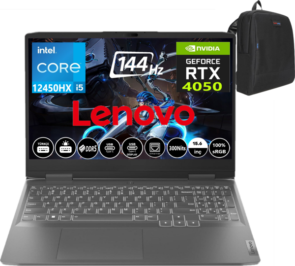 Lenovo Loq 15IRX9 Intel Core I5-12450HX 16GB Ddr5 Ram 2tb SSD RTX4050 6gb 144Hz Freedos 15.6" Fhd Taşınabilir Bilgisayar 83GS007WTR03 + Weblegelsin Çanta - Image 1