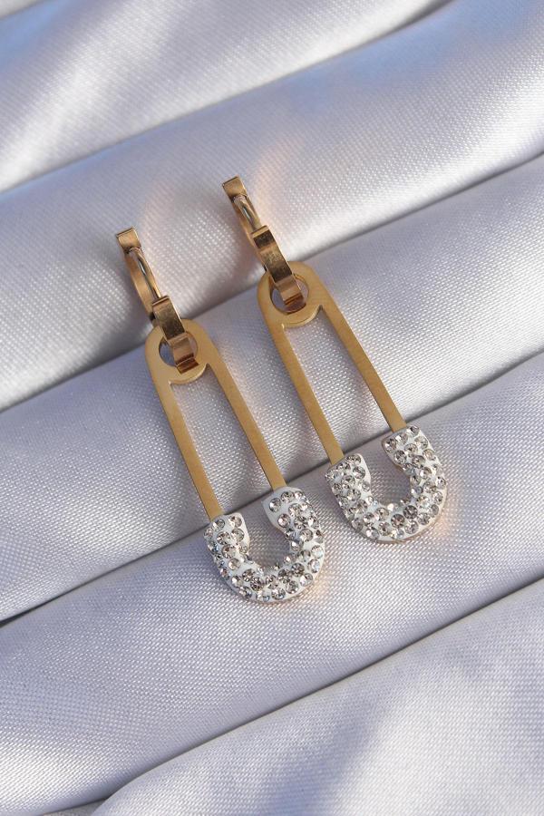 Findit 316L Çelik Gold Renk Zirkon Taşlı Çengelli İğne Küpe - Image 1