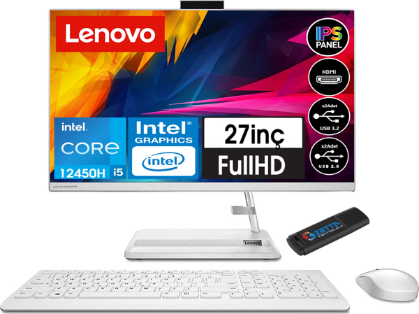 Lenovo Ideacentre Aıo 3 27IAP7 Intel Core I5 12450H 8gb 1tb SSD 27" WINDOWS11HOME Aıo Masaüstü Bilgisayar BF0GJ00K7TX19 + Zetta USB Bellek - Image 1