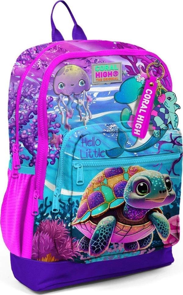 Coral High Kids Pembe Mor Kaplumbağa Desenli Okul Sırt Çantası 23756 - Image 1
