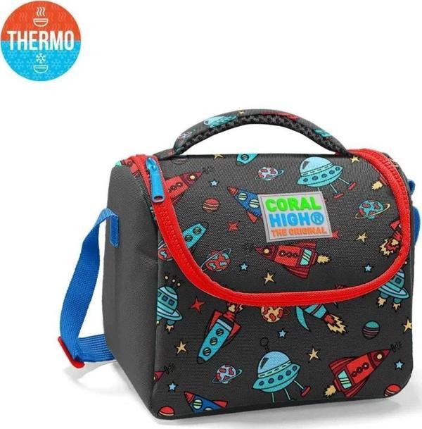 Coral High Kids Koyu Gri Kırmızı Uzay Desenli Thermo Beslenme Çantası 11808 - Image 1