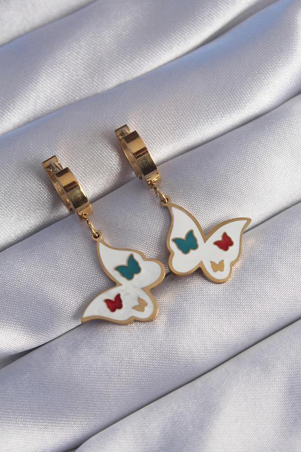316L Çelik Gold Renk Renkli Mineli Kelebek Küpe - EBJ240629W25048 - Image 1