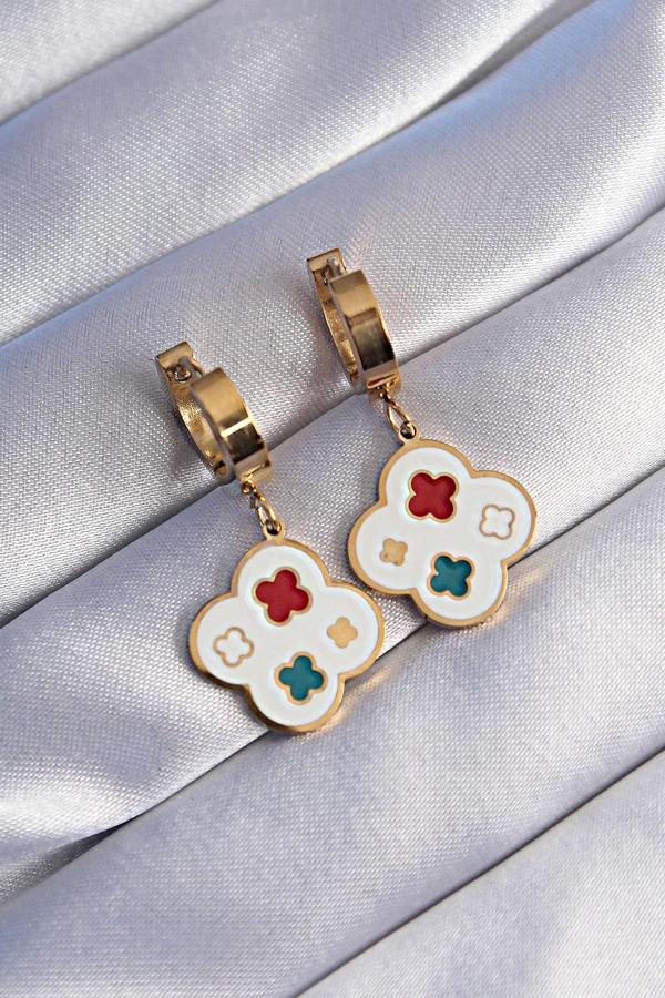 316L Çelik Gold Renk Renkli Mineli Yonca Küpe - EBJ240629W25047 - Image 1