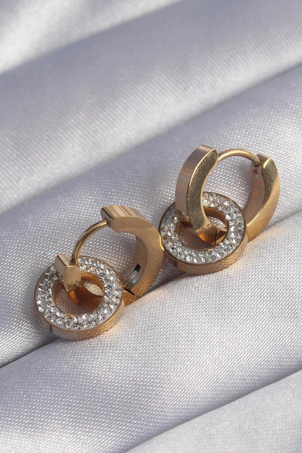 316L Çelik Gold Renk Zirkon Taşlı İç İçe Geçmeli Oval Küpe - EBJ240629W25035 - Image 1