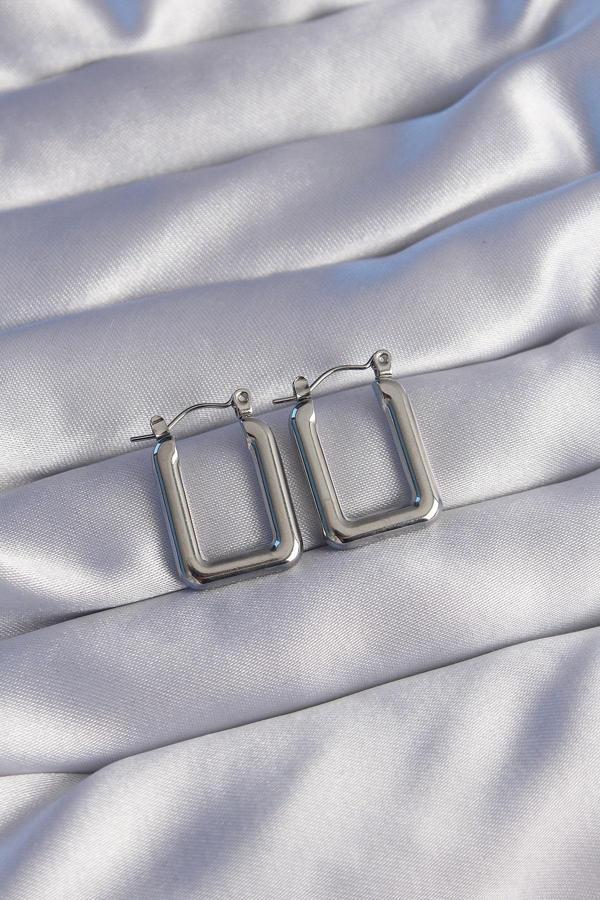 316L Çelik Gümüş Renk Dikdörtgen Model Küpe - EBJ240629W25059 - Image 1