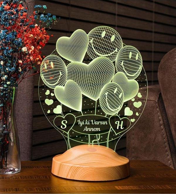 Sevgi Lambası Anneler Günü Hediyesi Smiley Kalpler 3 Boyutlu Led Lamba - Image 1