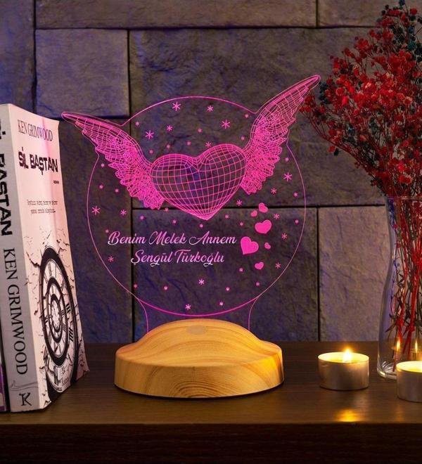Sevgi Lambası Anneler Günü Hediyesi, Anneye Melek Kanatlı Kalp Hediyesi, 3d Led Lamba - Image 1