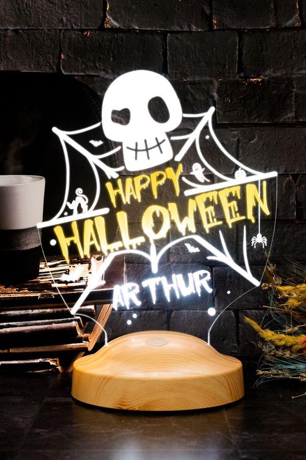 Sevgi Lambası Cadılar Bayramı Halloween Hediyesi, Kişiye Özel Happy Halloween Kuru Kafa ve Ağlar Led Lamba - Image 1