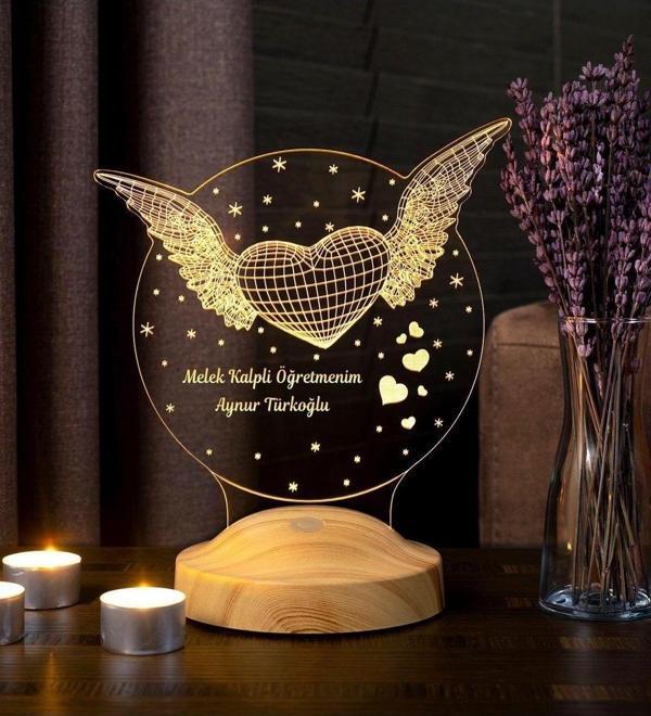 Sevgi Lambası Öğretmen Hediyesi, Öğretneme Melek Kanatlı Kalp, 3d Melek Öğretmenim Hediyesi Led Lamba - Image 1