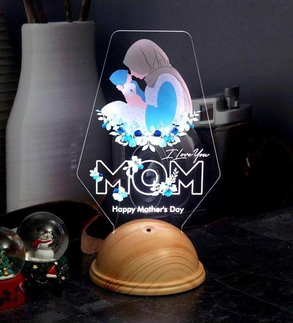 Sevgi Lambası Happy Mother's Day, Tesettürlü Anneye Hediye Led Lamba, Anne Adayına Özel, Ilk Anneler Günü Hediyesi - Image 1