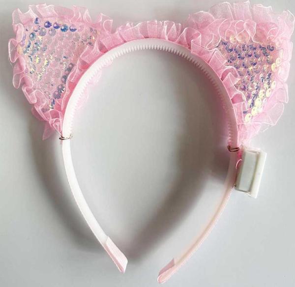 Kenarları Dantelli Pembe Pullu Payetli Led Işıklı Kedi Kulak Taç 17x19 cm - Image 1