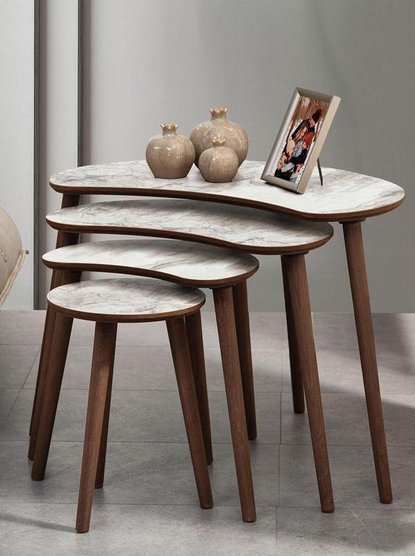 Vovvahome Moon 4'lü Mdf Ahşap Zigon Sehpa - Beyaz Mermer Desenli - Image 1
