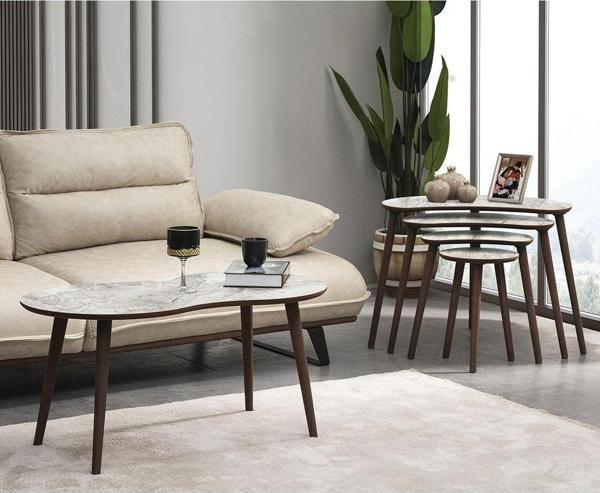 Vovvahome Moon 4'lü Mdf Ahşap Zigon Sehpa Ve Orta Sehpa Seti - Beyaz Mermer Desenli - Image 1