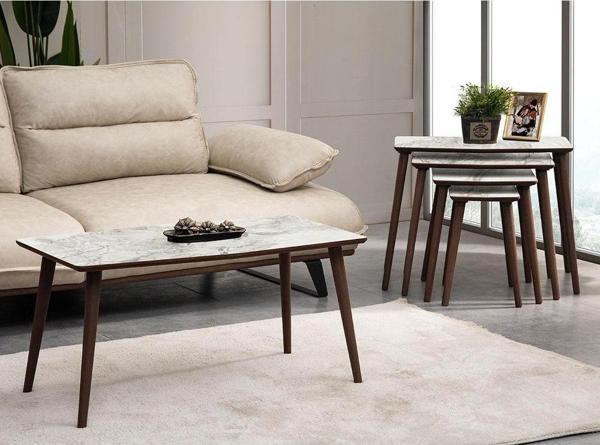 Vovvahome Vega 4'lü Mdf Ahşap Zigon Sehpa Ve Orta Sehpa Seti - Beyaz Mermer Desenli - Image 1