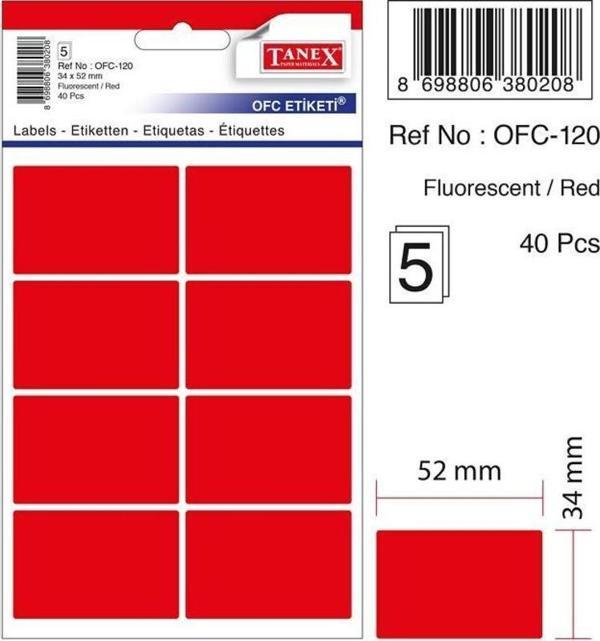 Tanex Flo Kırmızı 34 x 52 MM Ofis Etiketi 5 Yaprak (10 Lu Paket) - Image 1