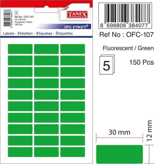 Tanex Ofis Etiketi 12x30 Mm Fosforlu Yeşil Ofis Etiketi 5 Yaprak (10 Lu Paket) - Image 1