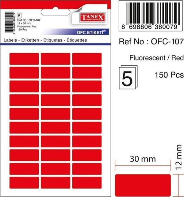 Tanex Ofis Etiketi Poşetli 12x30 Mm Fosforlu Kırmızı Ofis Etiketi 5 Yaprak (10 Lu Paket) - Image 1