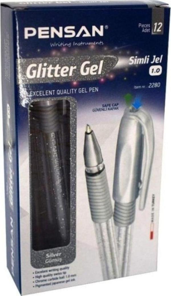 Pensan Gümüş Simli Jel Tükenmez Kalem Jel Simli 1.0 MM Gümüş (12 Li Paket) - Image 1