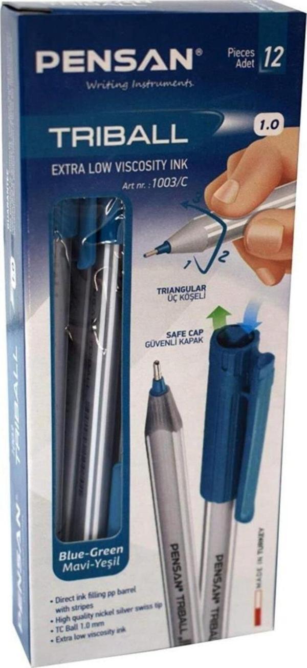 Pensan Yeşil Triball Tükenmez Kalem Triball 1.0 Mm Bilye Uç Mavi Yeşil (12 Li Paket) - Image 1