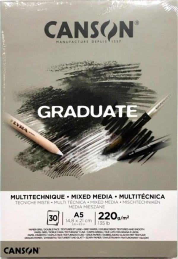 Canson Çizim Bloğu Graduate Mıx Medıa Gri 30 Sayfa A5 220 Gram - Image 1