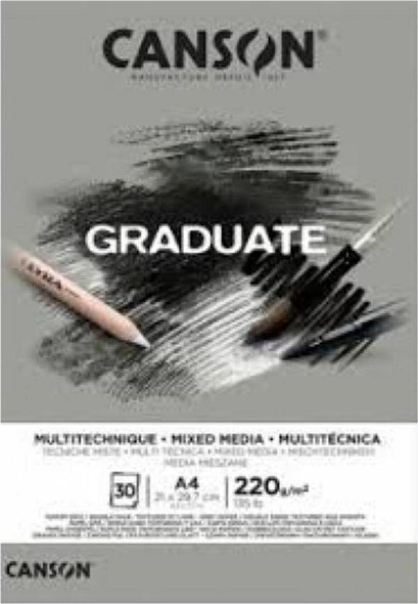 Canson Çizim Bloğu Graduate Mıx Medıa Gri 30 Yaprak A4 220 Gram - Image 1