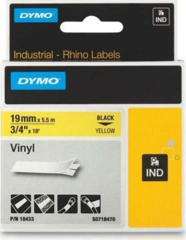 Dymo Rhino Pro Etiketi Renkli Vinil 19 MMx5,5 MT Sarı Üzerine Siyah 18433 - Image 1