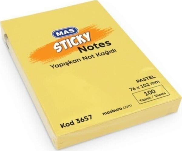 Mas Yapışkanlı Not Kağıdı 100 Yaprak 76x102 Mm Pastel Sarı - Image 1