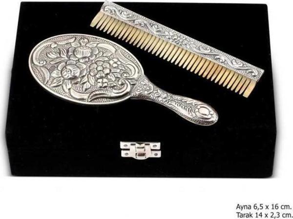 Manolya Motifli Ayna Tarak Gümüş Set - Image 1