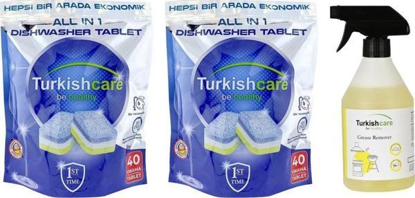 Turkishcare Bulaşık Makinesi Tableti 40 lı x 2 Ad + Ağır Yağ Sökücü Sprey 500 ml  - Image 1